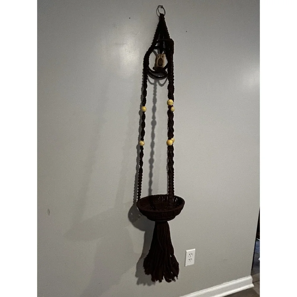 70's Macrame Hanging Plant Holder Ceramic‎ Owl Boho Beads Hippie 58